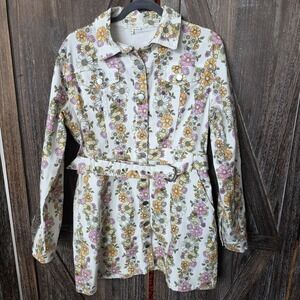 Bae Vely Jacket Women's Size L Floral Print Country Chic Hippie Button Up Belted